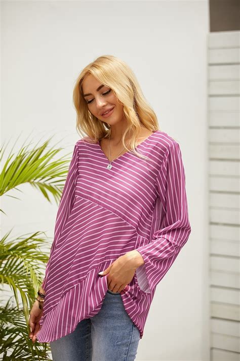 Stripe Splicing V Neck Long Sleeves Shirts And Tops Curvedream