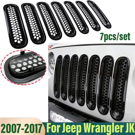 7pcs Glossy Black Front Grill Insert Mesh Trim Grille Cover For Jeep Jk Wrangler 2007 2017