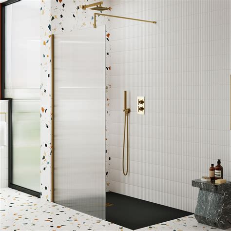 Harbour Contour 8mm Fluted Brushed Brass Glass Screen For Walk In