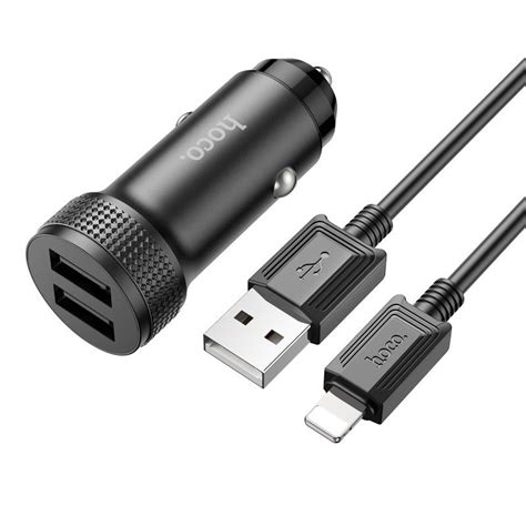 Automobilinis įkroviklis Hoco Z49 2 x USB A Lightning laidas juodas