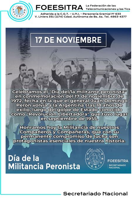 17 De Noviembre Día De La Militancia Peronista Foeesitra Federación