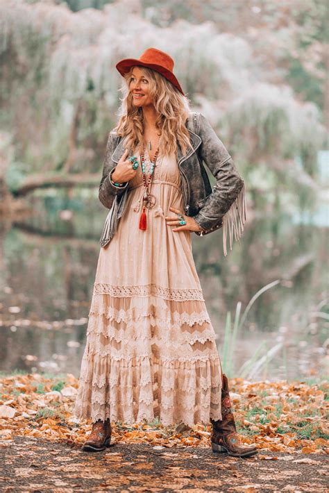 Beautiful Crochet Maxi Dress With Some Cute Cowboy Boots Boho Fall Outfits Boho Style Outfits