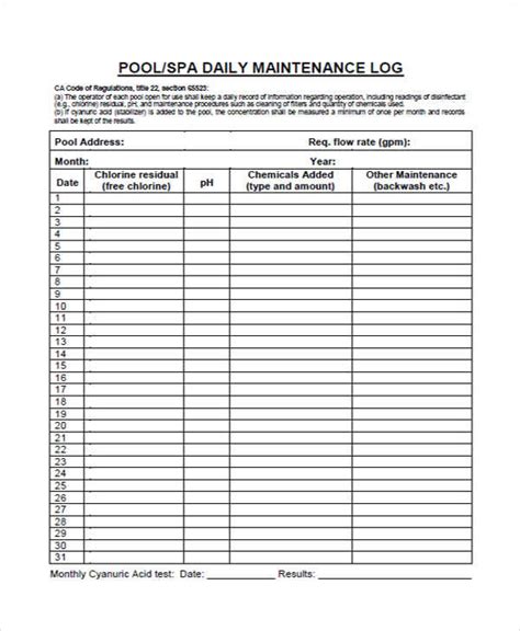 Printable Pool Maintenance Schedule Template