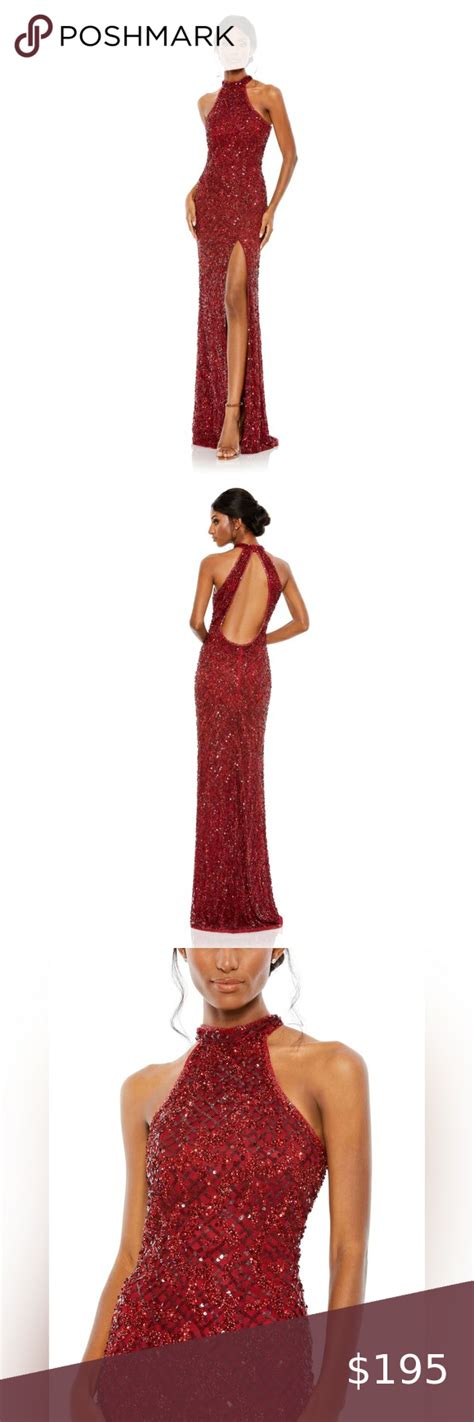 Mac Duggal Sequin Halter Open Back Gown In Garnet Color Open Back Gown