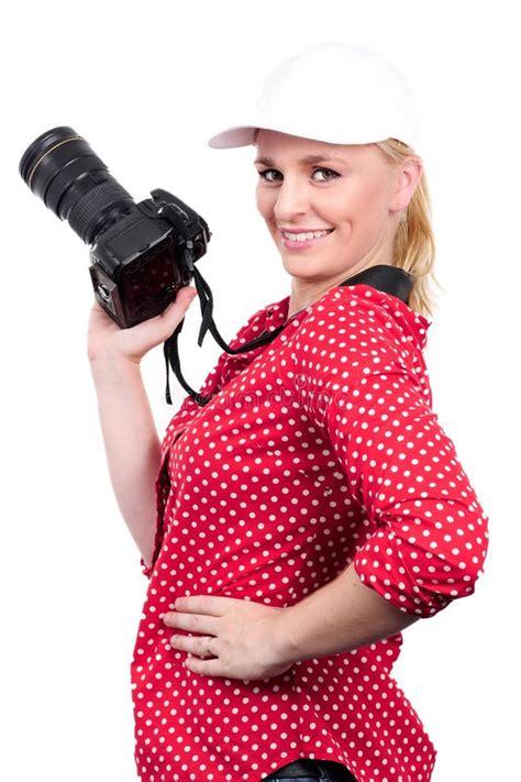 Pretty Blonde Woman Photographer With Camera On White Stock Photo