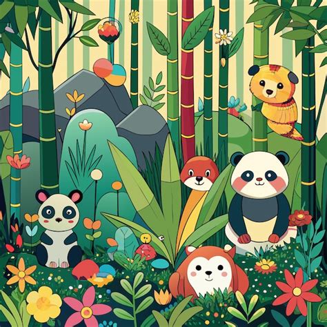 Premium Vector A Colorful Picture Of A Forest With Pandas And Trees