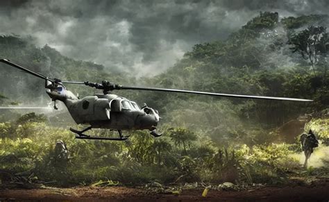 Photo Of Sci Fi War Helicopter Landing On Jungle Stable Diffusion