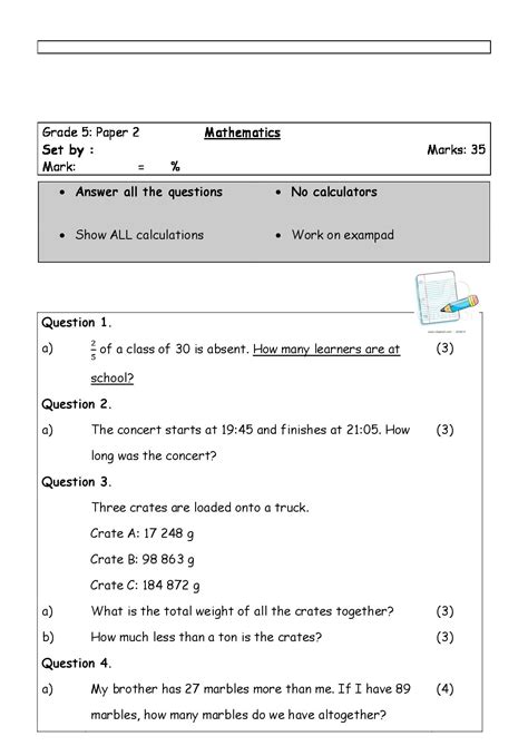 Grade 5 Mathematics Exam Papers With Answers Grade 5 Fractio