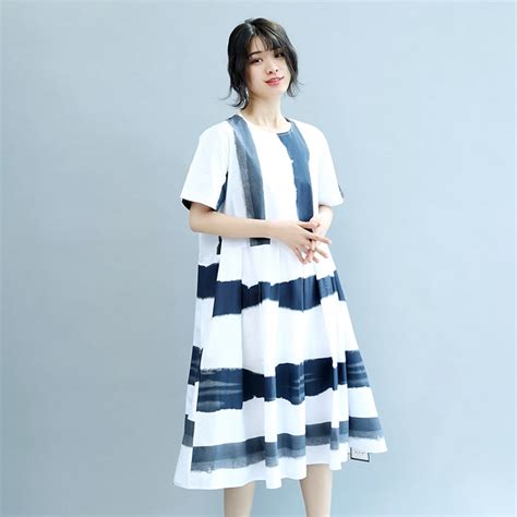 Round Neck Blue White Wide Stripe Women Summer Cotton Casual Loose Fit