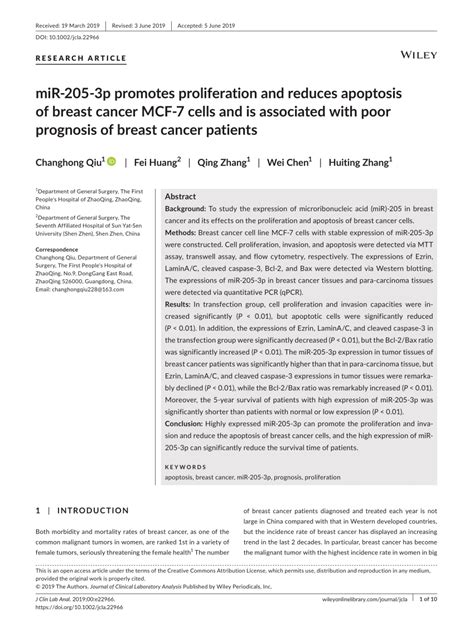 Pdf Mir‐205‐3p Promotes Proliferation And Reduces Apoptosis Of Breast Cancer Mcf‐7 Cells And