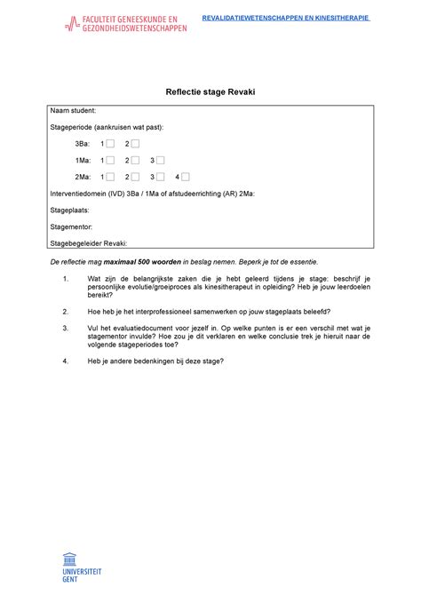 Sjabloon Reflectie Stage Revalidatiewetenschappen En Kinesitherapie