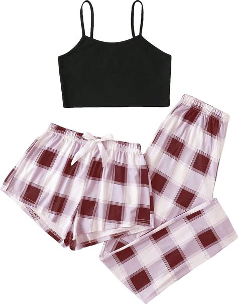 Gorglitter Women S 3 Piece Plaid Pajamas Pants Set Cami Top With Shorts Loungewear Sleepwear At