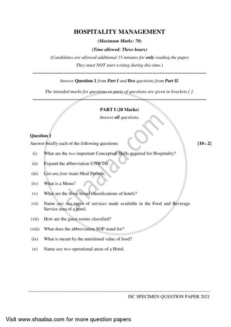 Hospitality Management 2020 2021 Isc Arts Class 12 Set 1 Question Paper With Pdf Download