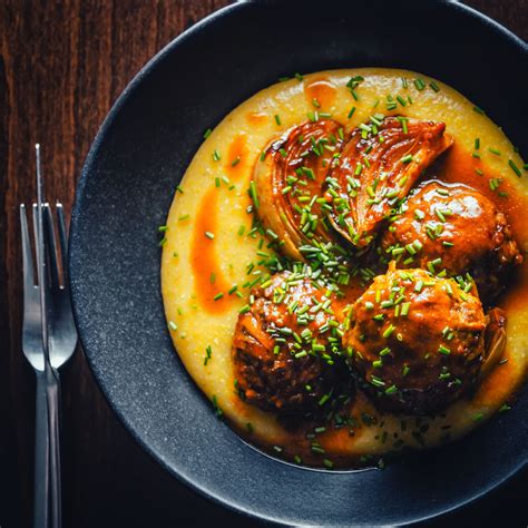 Braised Pork Meatballs In A Beer Sauce On Cheesy Polenta Yumm Cooking