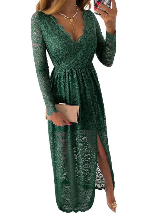 Long Sleeve V Neck Lace Maxi Dress With Split Alelly