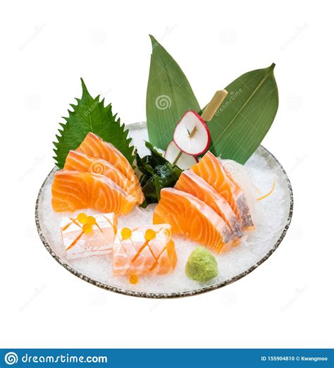 Salmon Slice Sashimi Serve On Ice With Wasabi Japanese Style Isolated