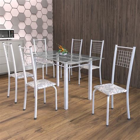 Conjunto De Mesa Tubular 6 Cadeiras 140cm Tampo De Vidro Iza Soma