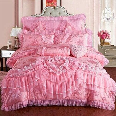 Pink Lace Princess Bedding Set King Queen Size Cotton Bed Duvet Cover