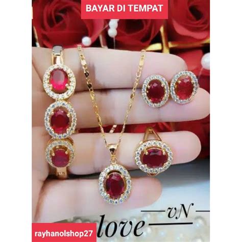 Jual Set Perhiasan Wanita Dewasa Motif Batu Permata Lengkap Warna