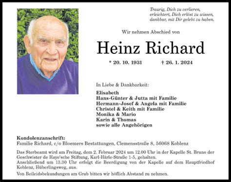 Traueranzeigen Von Heinz Richard Rz Trauer De