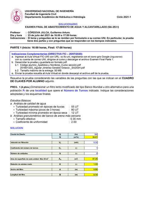 Solucionario Del Examen Final Ciclo 2021 I Ing Guillermo Arturo