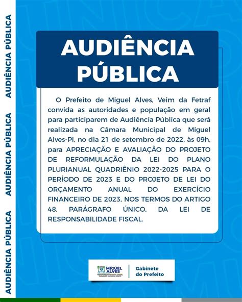 Prefeitura De Miguel Alves RealizarÁ AmanhÃ 21 AudiÊncia PÚblica Para