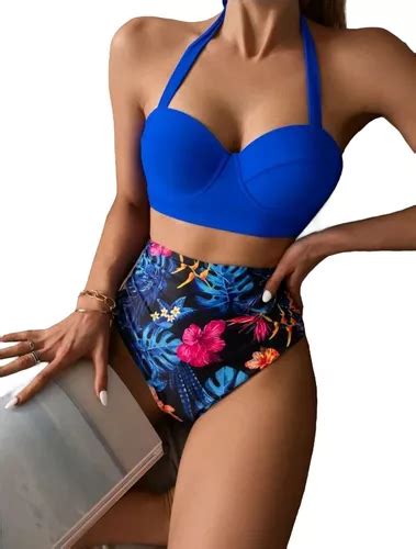 Traje De Ba O Bikini Top Azul Con Varilla Tiro Alto Env O Gratis