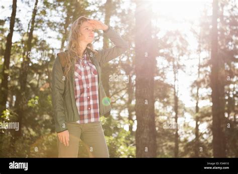 Pretty Blonde Hiker Looking For Path Stock Photo Alamy