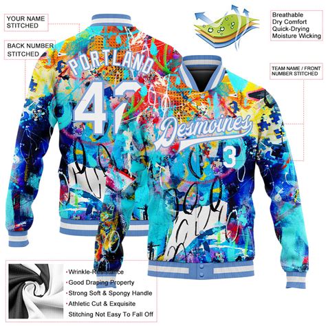 Custom Graffiti Pattern White Light Blue Abstract 3d Bomber Full Snap Varsity Letterman Jacket