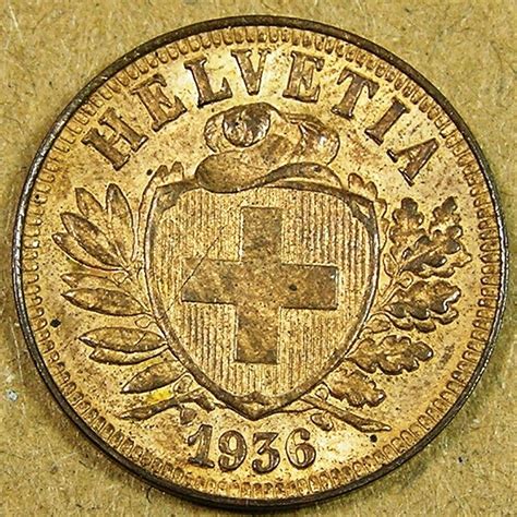 1936 B Switzerland 2 Rappen Bronze Coin UNC RB Red And Brown KM 4 2a