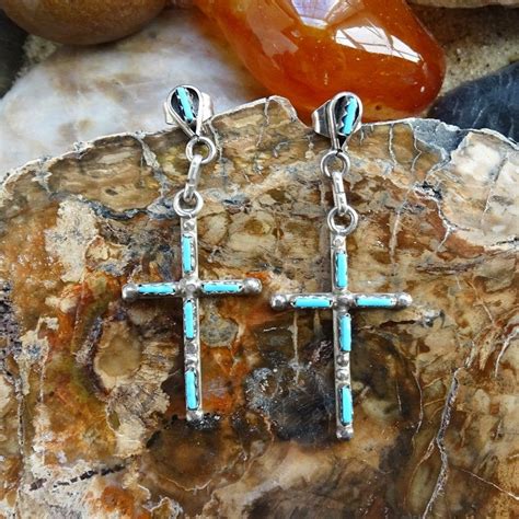 Vintage Zuni DF Turquoise Needlepoint Pierced Post Earrings 925