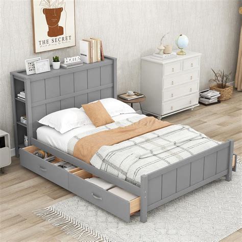 Harper & Bright Designs Gray Wood Frame Full Size Platform Bed with 4 ...