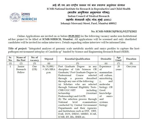 Jrf Position At Icmr Nirrch Mumbai Jaivikshastram Jaivikshastram