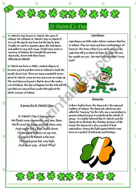 St Patricks Day Information Esl Worksheet By Lbhspatriot