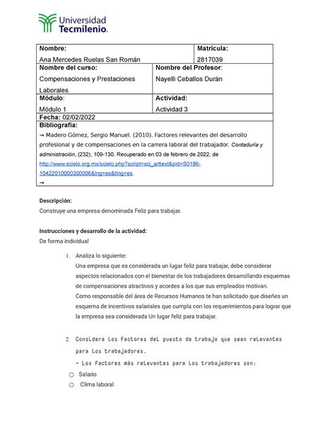 Actividad Compensaciones Y Prestaciones Laborales Nombre Ana