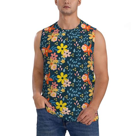 Easygdp Blue Floral Men S Breathable Tank Tops Sleeveless Sporty T