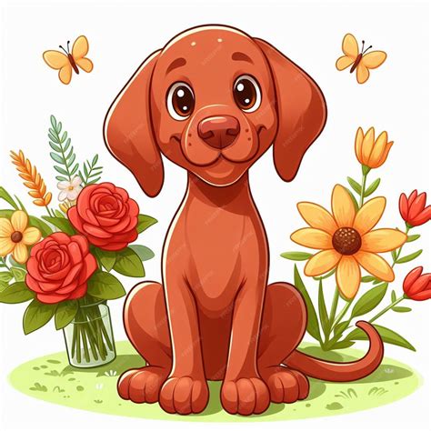 El Lindo Perro Vizsla Y Las Flores Ilustración De Dibujos Animados Vectoriales Vector Premium