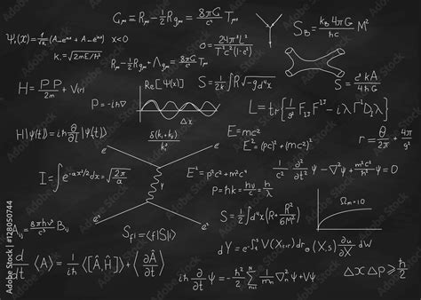 Science Blackboard With Math Real Physical Equations Of Einstein Relativity Theory String