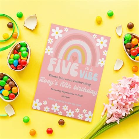 Editable Five Is A Vibe Groovy Th Birthday Party Invitation Etsy