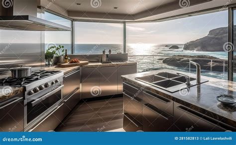 Beautiful Modern Kitchen With Stainless Steel Appliances Generative Ai Stock Illustration