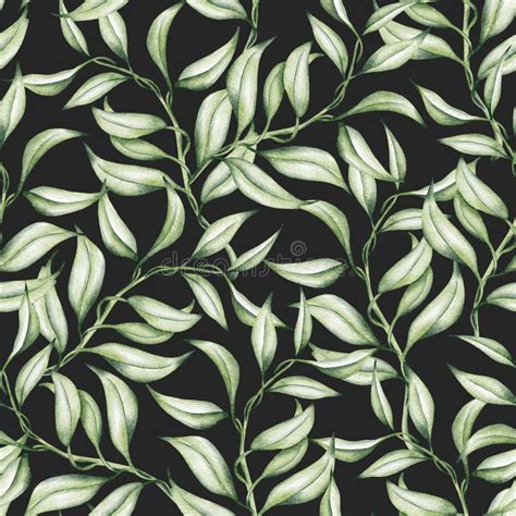 Seamless Watercolor Floral Pattern Green Leaves And Branches Composition On White Background