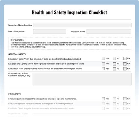 Health And Safety Inspection Checklist Download Free Pdf