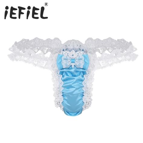 Iefiel Sexy Men Male Lingerie Shiny Satin Ruffled Floral Lace Frilly