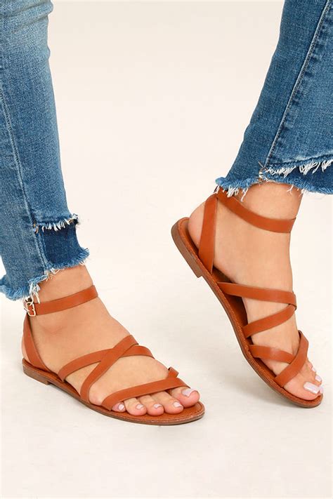 Cute Tan Flat Sandals Thong Sandals Ankle Strap Sandals 1700