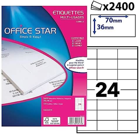 OFFICE STAR Boite de 2400 étiquettes autocollantes blanches multi