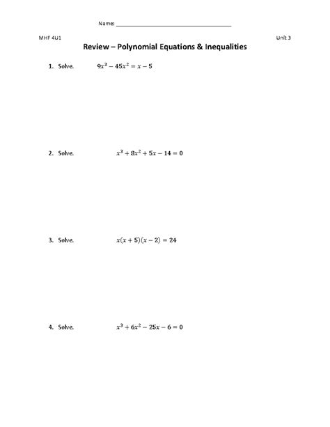 Unit 2b Review MHF 4U1 Unit 3 Review Polynomial Equations