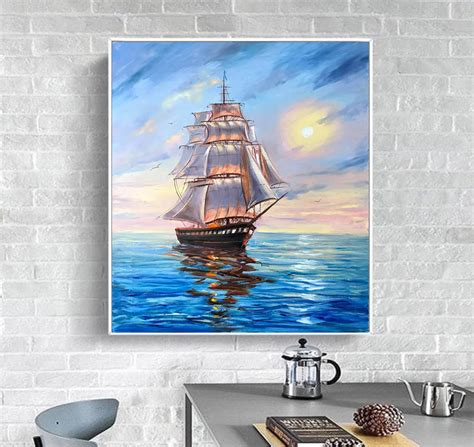 Colorful Ship at Sunset Oil Painting Ocean Waves Wall Art - Etsy