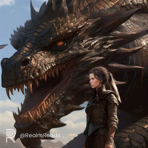 A Woman Standing In Front Of A Giant Dragon With Her Head Turned To The