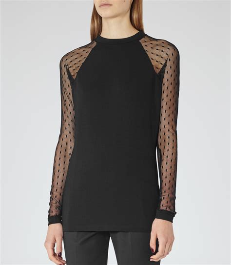 Reiss Denim Zeta Sheer Sleeve Top In Black Lyst