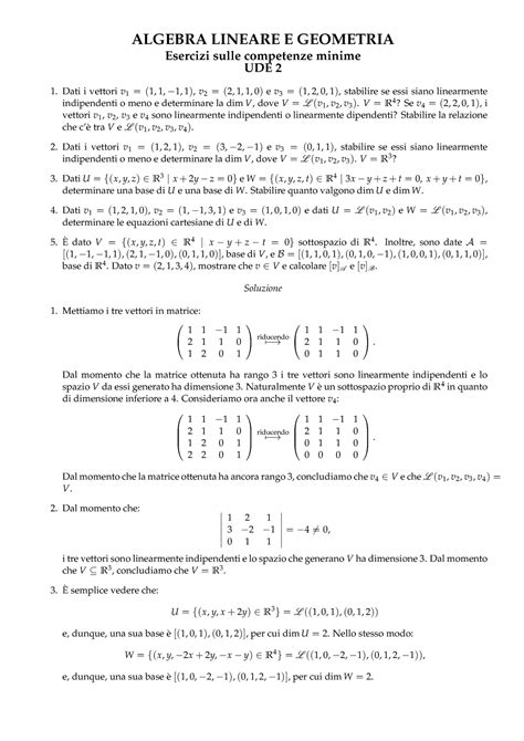 Ude Esercitazione Algebra Lineare E Geometria Esercizi Sulle